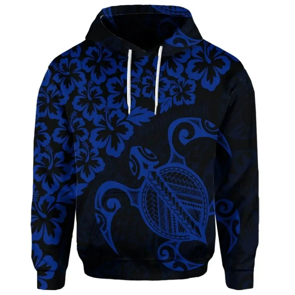 Alohawaii Hoodie - (Personalised) Hawaiian Map Turtle Hibiscus Kanaka Polynesian Hoodie - Blue - AH - J4R