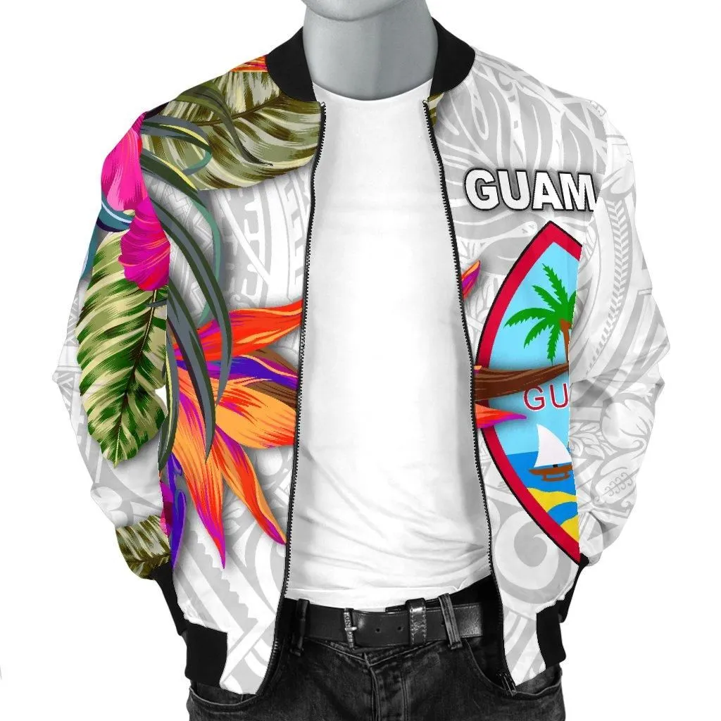 Guam Mens Bomber Jacket Polynesian Hibiscus White Pattern