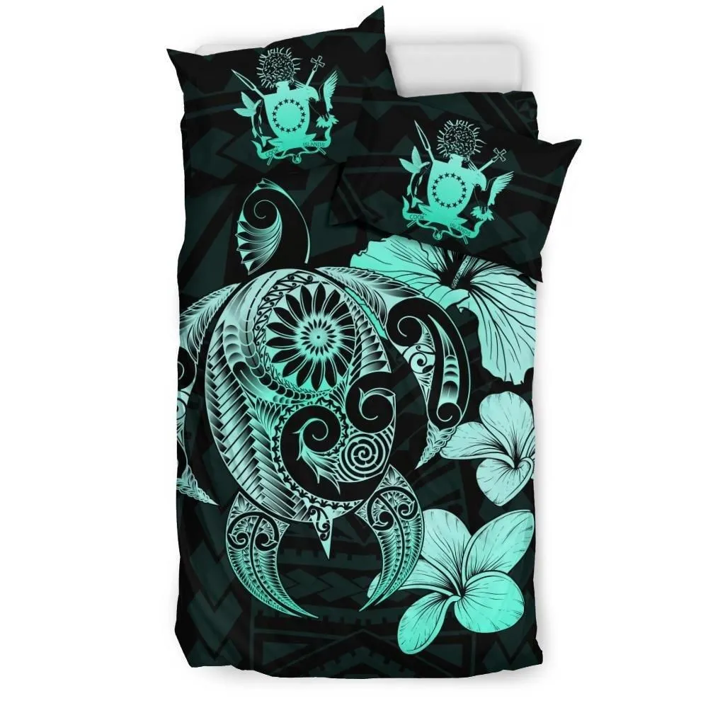 Alohawaii Bedding Set - Cover and Pillow Cases Cook Islands Hibiscus Plumeria Mix Polynesian Turquoise Turtle - J1