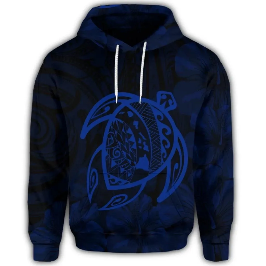 Alohawaii Hoodie - Hawaiian Map Turtle Kanaka Hibiscus Polynesian Hoodie - Blue - AH - J4R