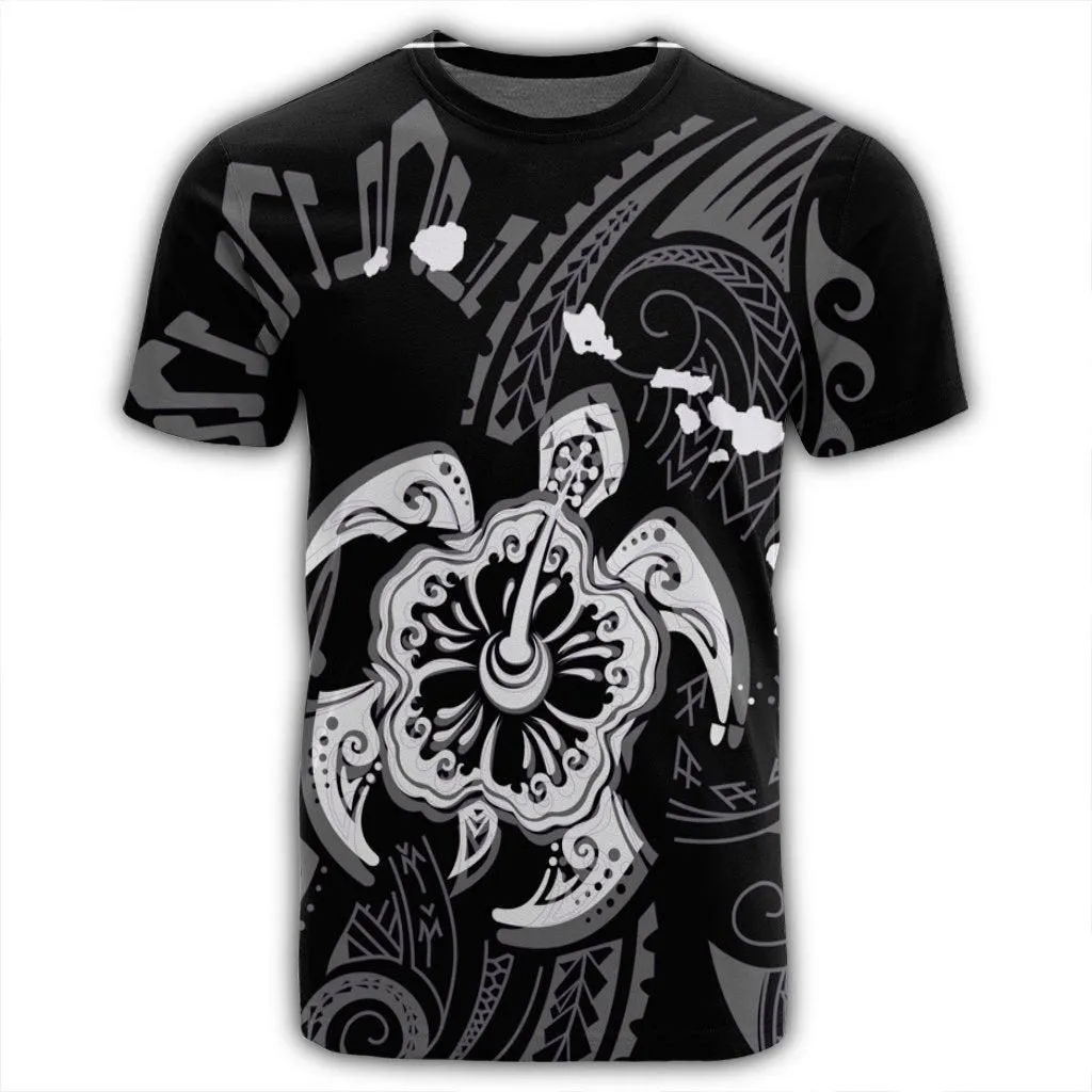 Hawaiian Map Kanaka Hibiscus Turtle White Polynesian T-Shirt - AH