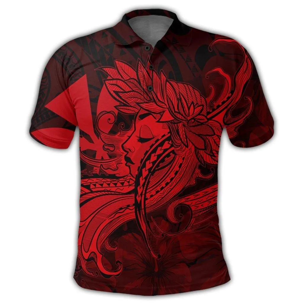 Hawaiian Map Hula Girl Hibiscus Kanaka Polynesian Polo Shirt - Red - AH