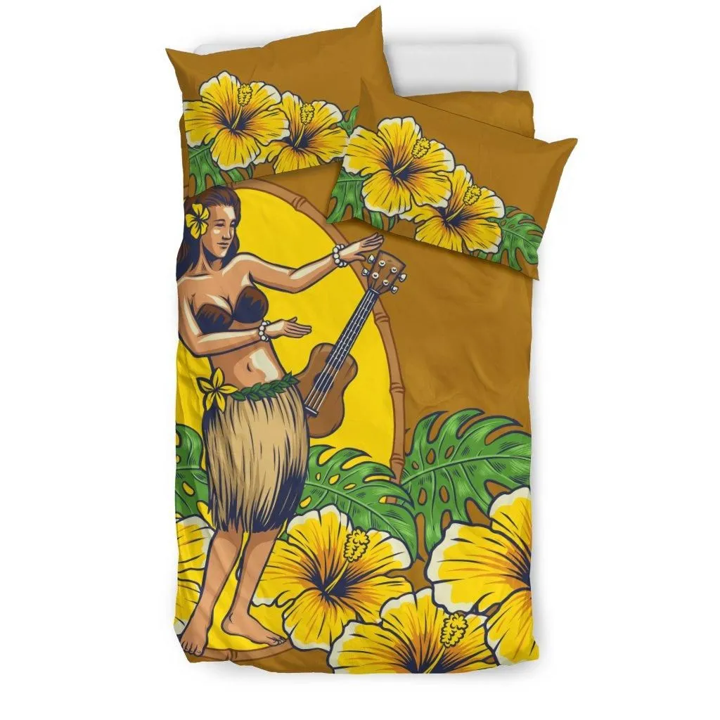 Hawaiian Hula Girl Monstera Hibiscus Polynesian Bedding Set