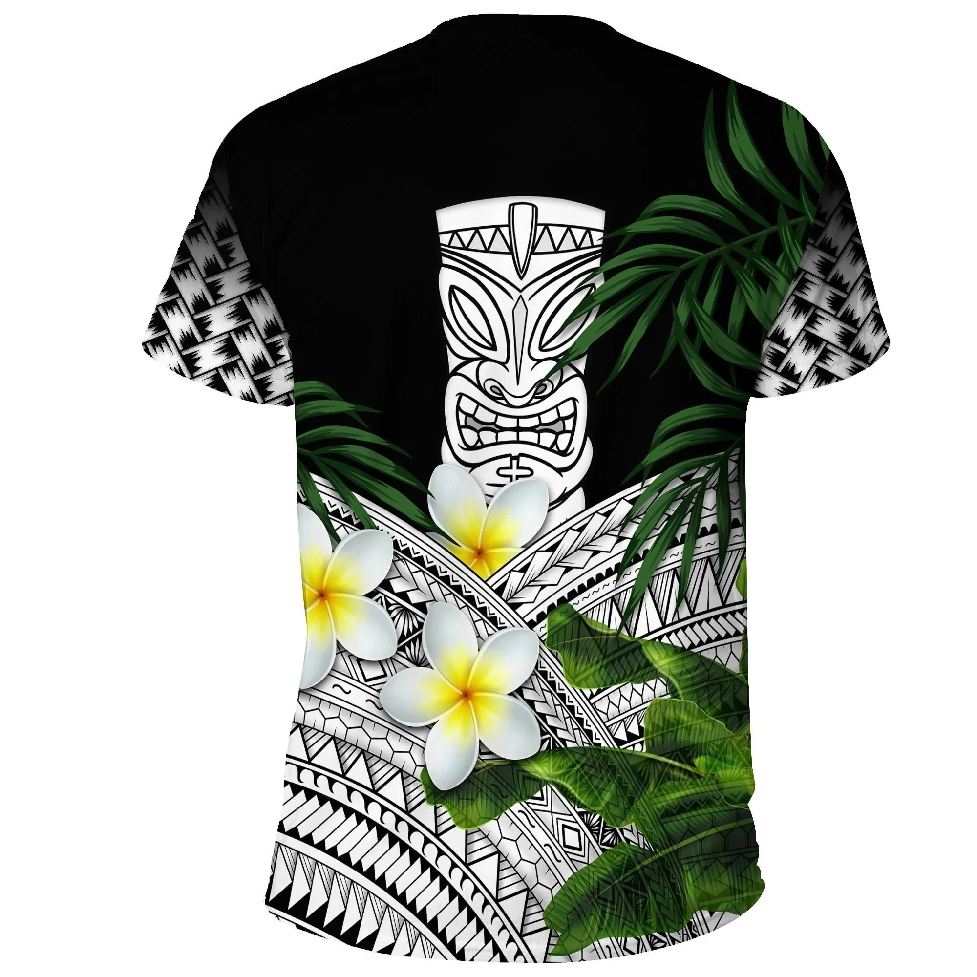 Alohawaii T-Shirt - Tee Hawaii s, Polynesian Tiki Plumeria Banana Leaves White A02