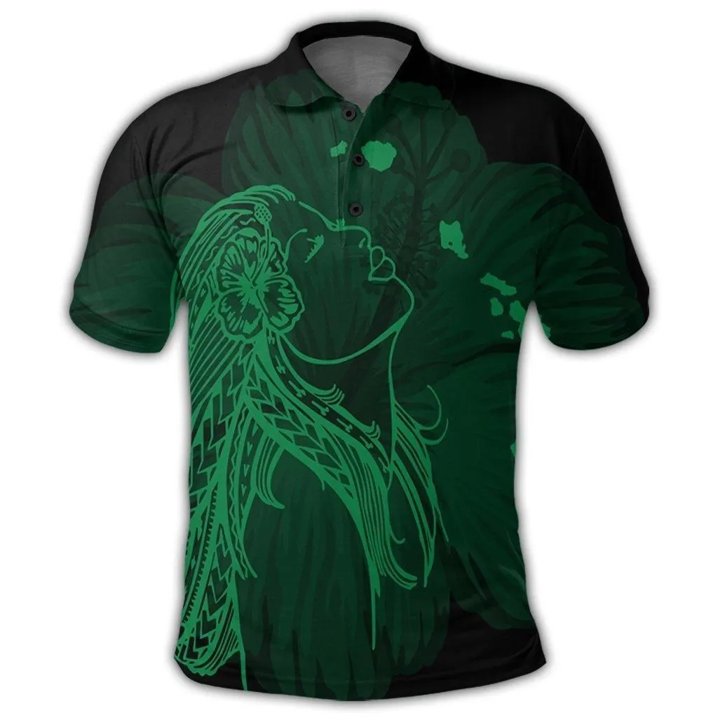 Hawaiian Map Heart Hula Girl Hibiscus Green Polynesian Polo Shirt