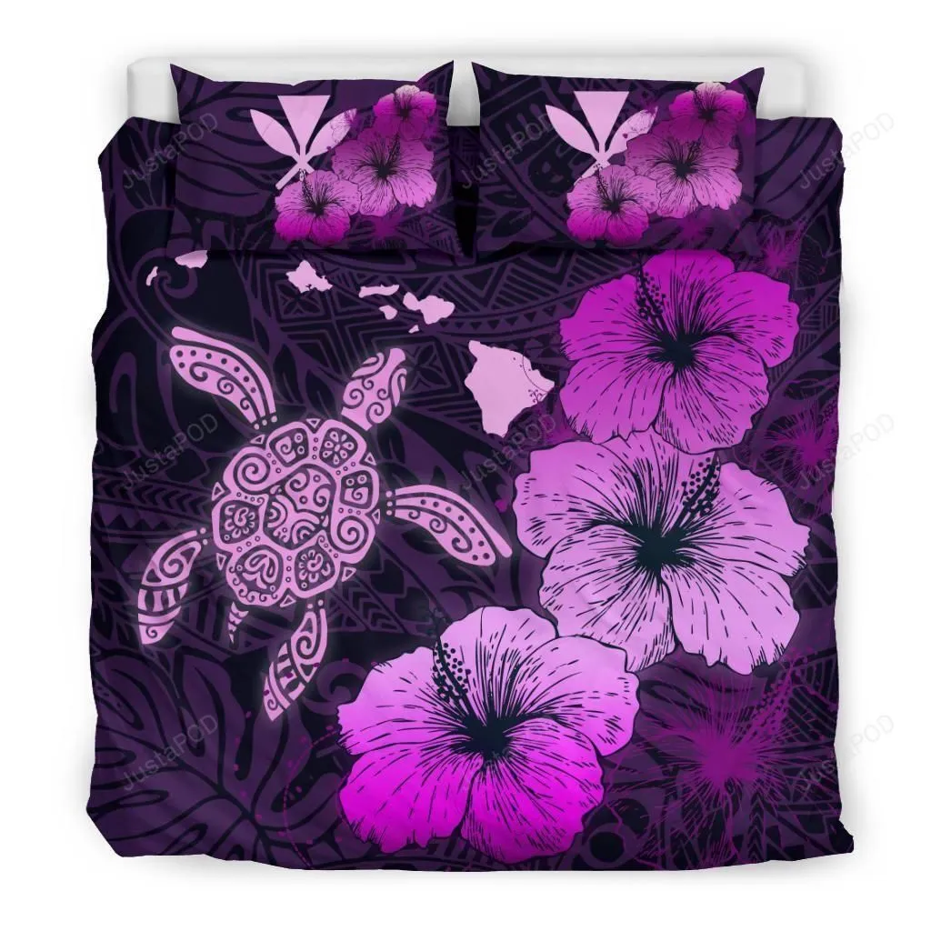 Hawaiian Hibiscus Turtle Polynesian Bedding Set - Maps Style Pink A10
