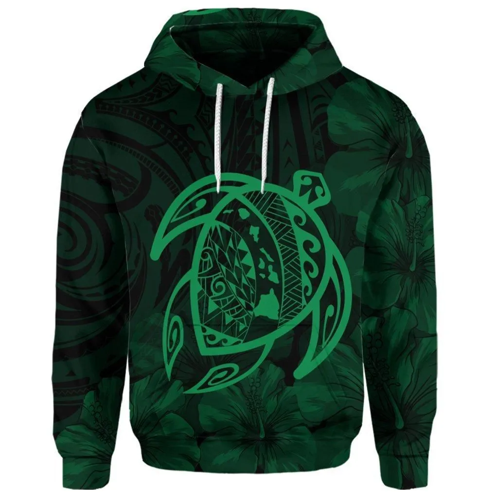 (Personalised) Hawaiian Map Turtle Kanaka Hibiscus Polynesian Hoodie - Green - AH