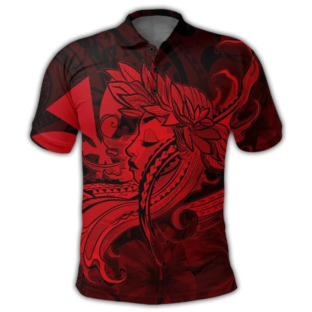 Alohawaii Shirt - Hawaiian Map Hula Girl Hibiscus Kanaka Polynesian Polo Shirt - Red - AH - J4R