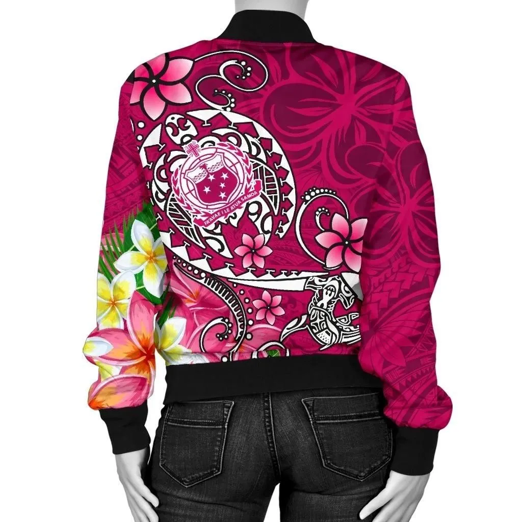 Samoa Custom Personalised Women's Bomber Jacket - Turtle Plumeria (Pink) - BN18