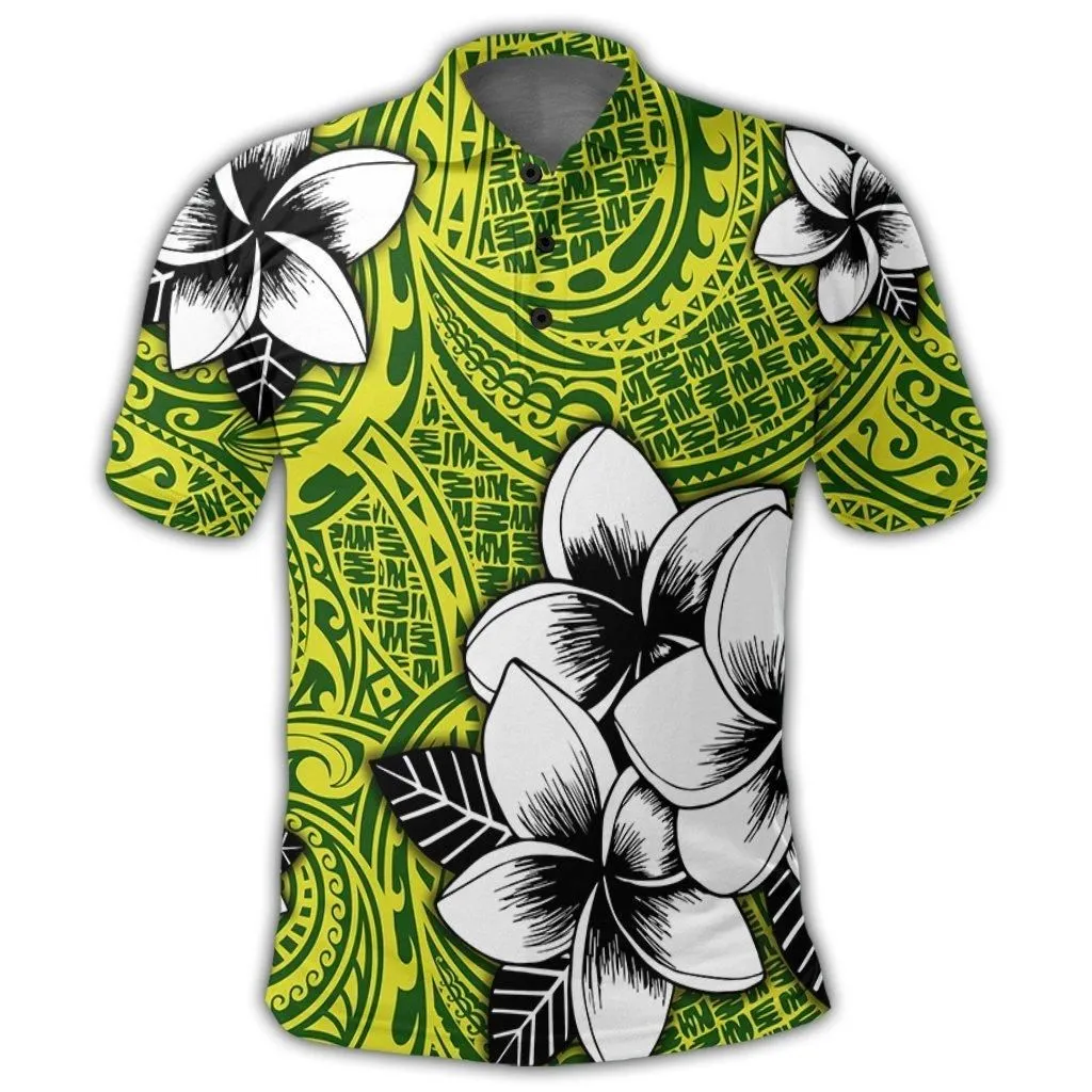 Hawaiian Plumeria Tribe Yellow Green Polynesian Polo Shirt