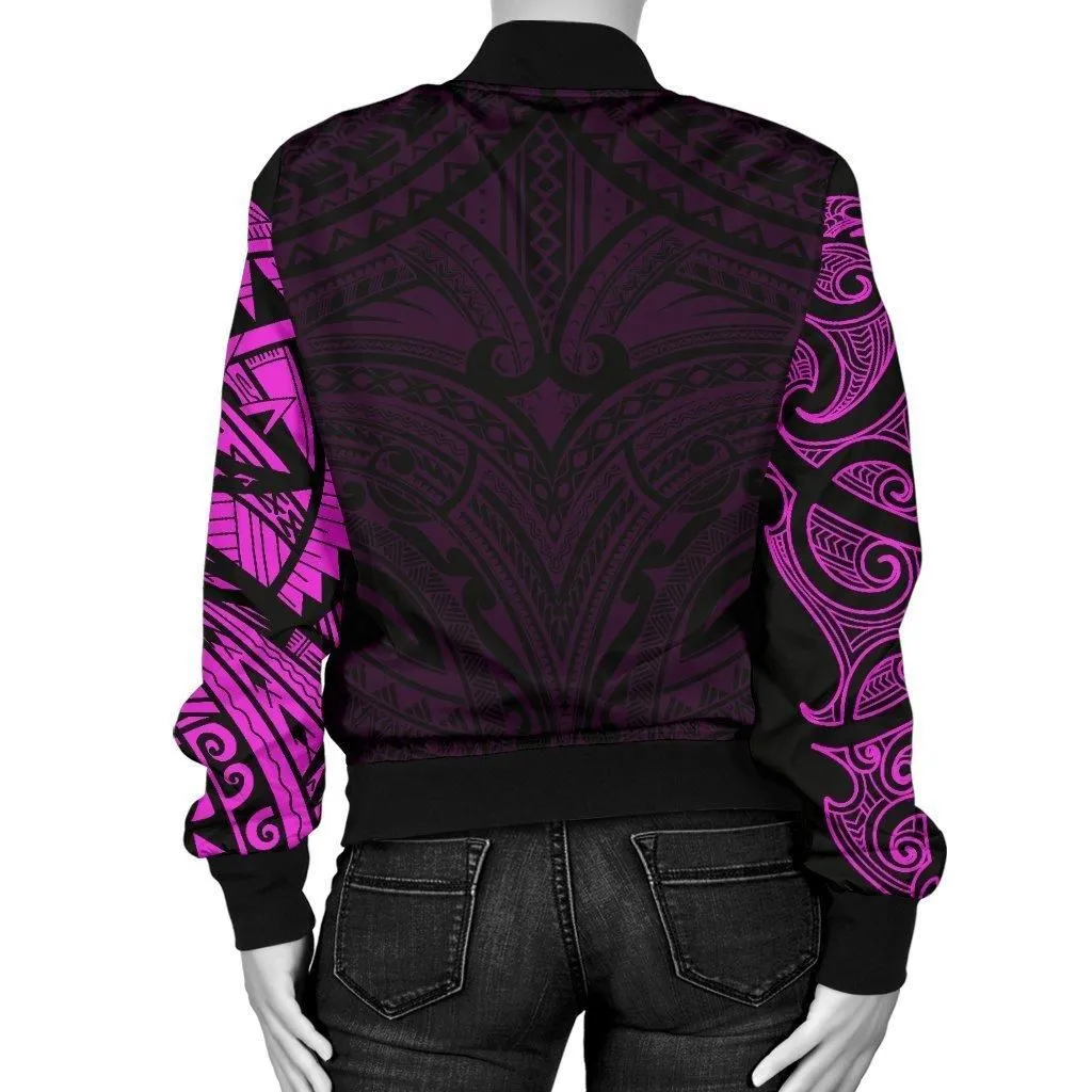 New Zealand Womens Bomber Jacket, Maori Polynesian Tattoo Purple