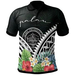 Palau Polo Shirt - Palau Coat of Arms & Polynesian Tropical Flowers White