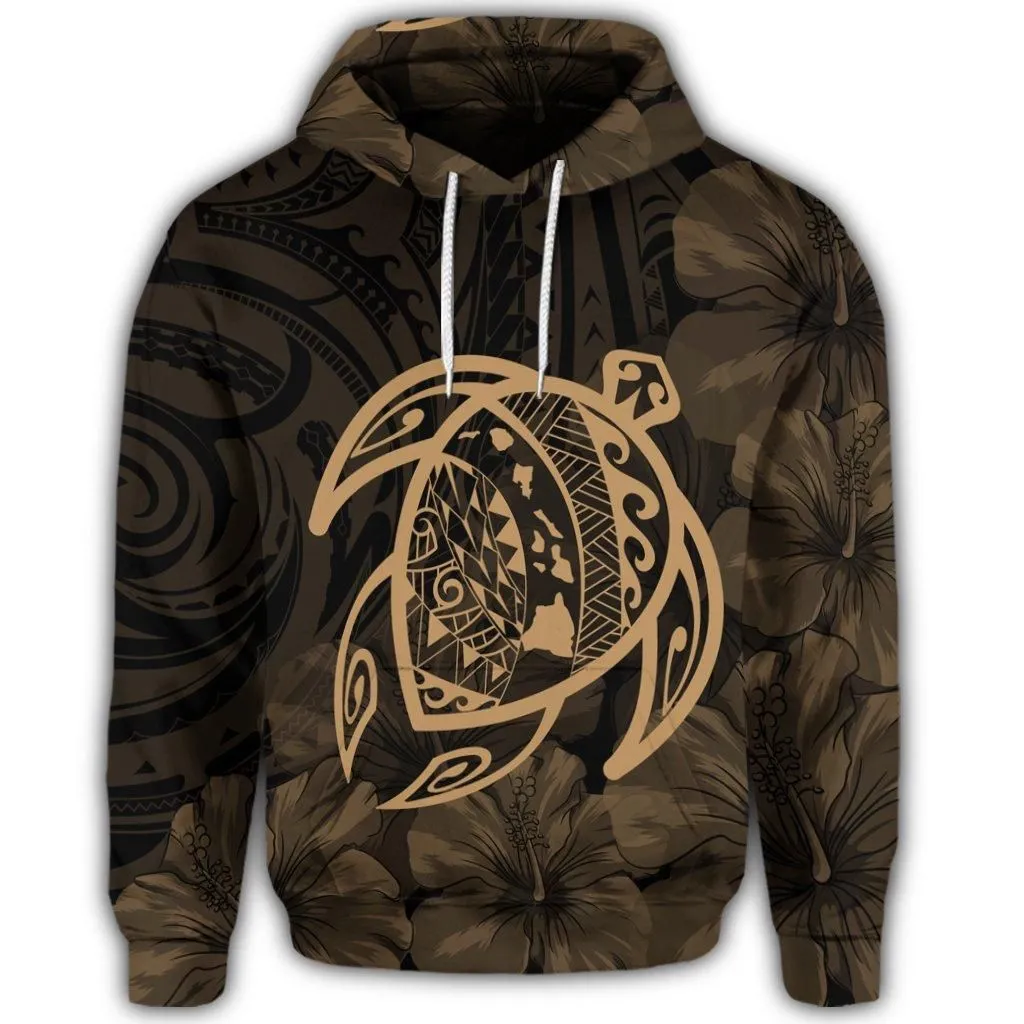 Hawaiian Map Turtle Kanaka Hibiscus Polynesian Hoodie - Gold