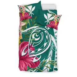 Hawaii Polynesian Turtle Tropical Hibiscus Plumeria Bedding Set - Turquoise
