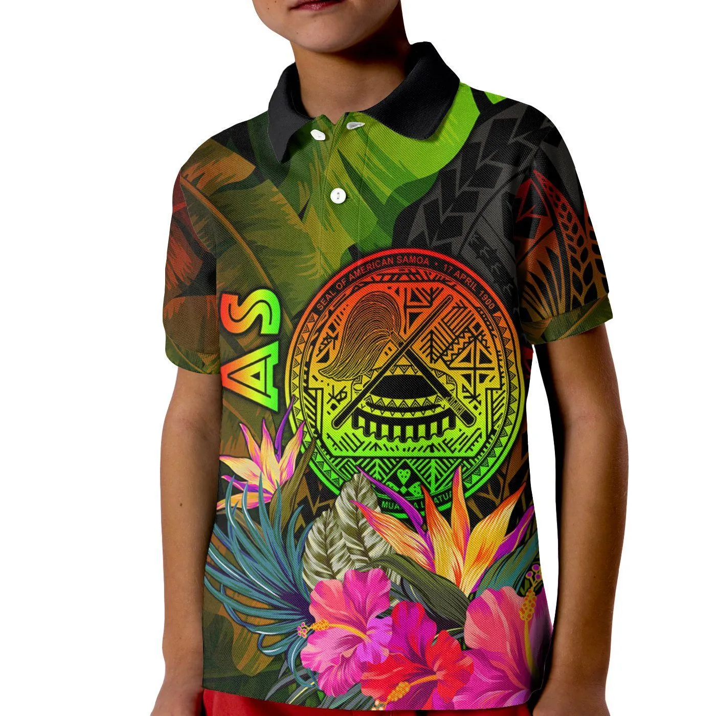 American Samoa Polynesian Polo - Hibiscus and Banana Leaves - BN15