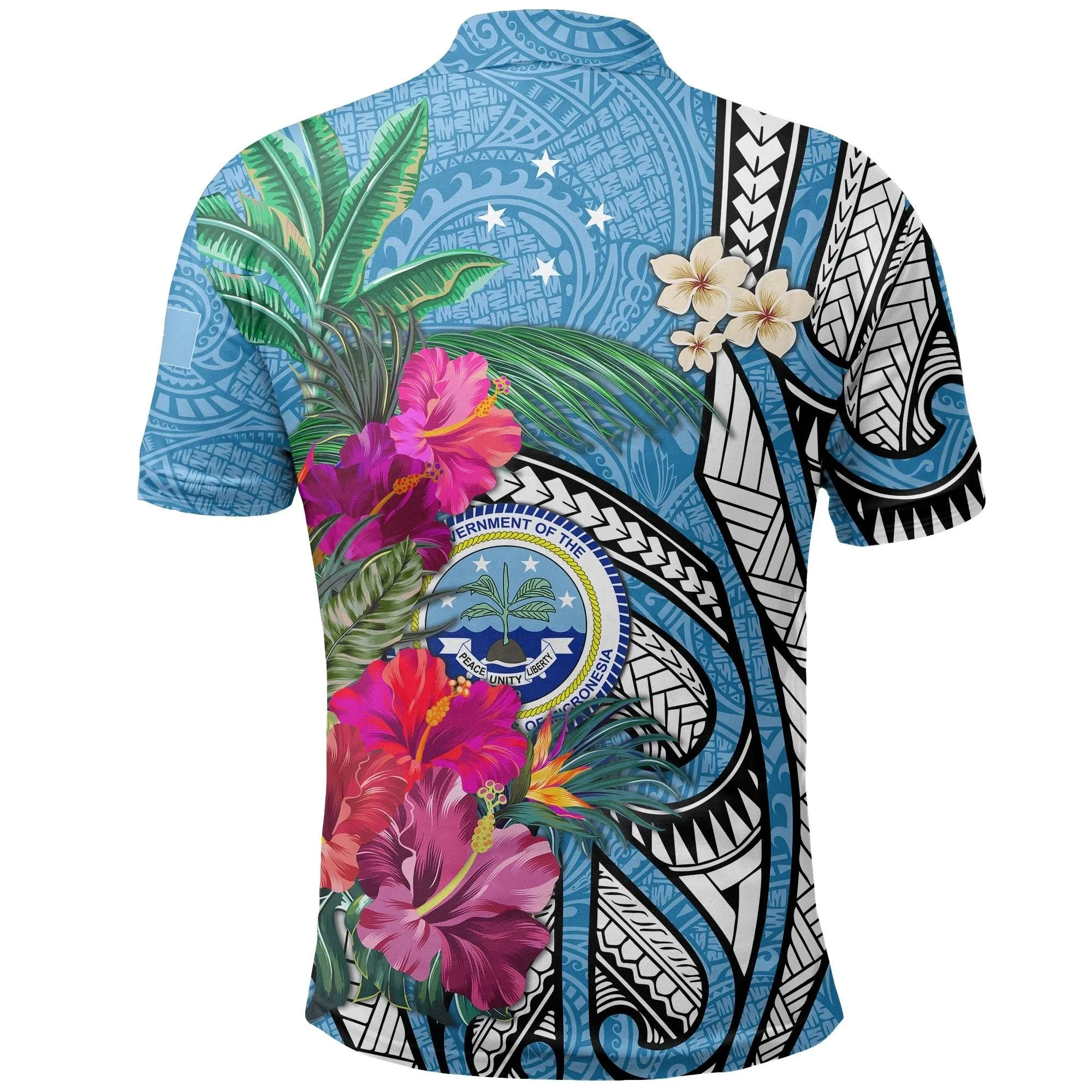 Federated States of Micronesia Polo Shirt Blue Polynesian with Hibiscus TH5