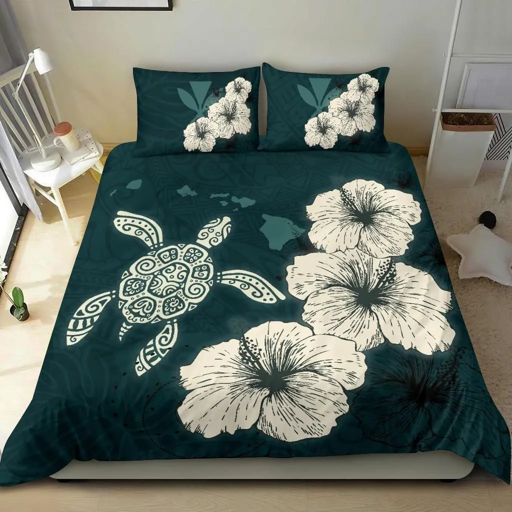 Hawaiian Hibiscus Turtle Polynesian Bedding Set - Maps Style Green