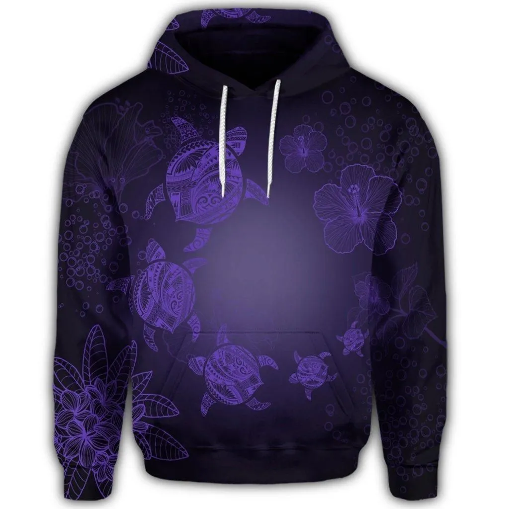 Hawaiian Plumeria Hibiscus Turtle Under Sea Polynesian Hoodie Purple AH