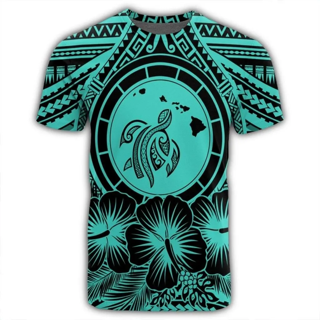 Alohawaii Tee - Hawaiian Map Honu Hibiscus Tropic Turquoise Polynesian T-shirt AH - JGR
