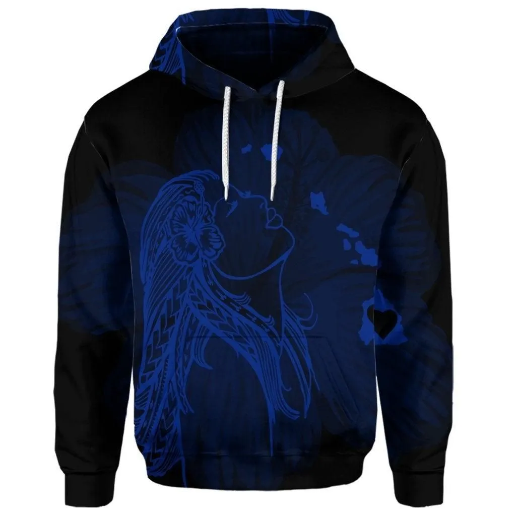 (Personalised) Hawaiian Map Heart Hula Girl Hibiscus Blue Polynesian Hoodie