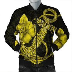 Hawaiian Anchor Poly Tribal Hibiscus Polynesian Bomber Jacket Yellow - AH