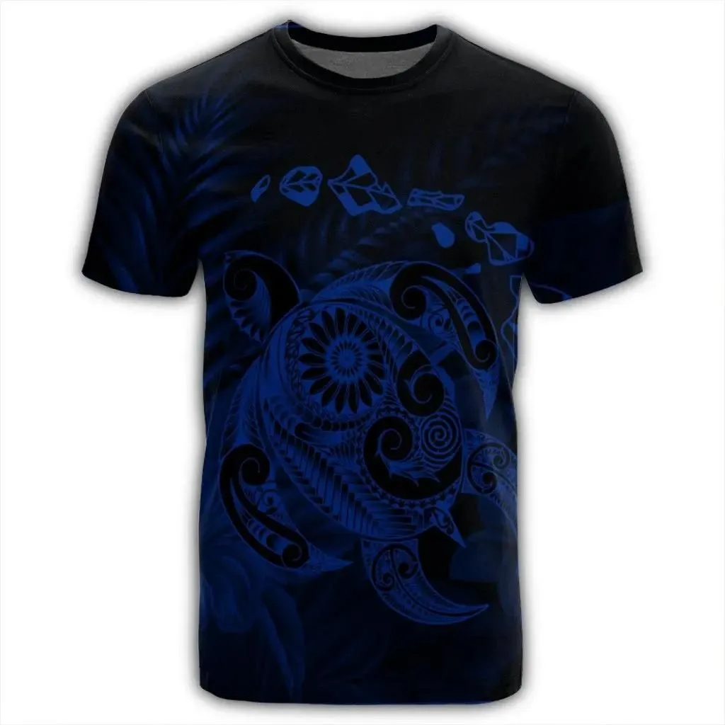 Alohawaii Tee - Hawaiian Map Turtle Tattoo Hibiscus Plumeria Polynesian T-shirt Blue - AH - J4R