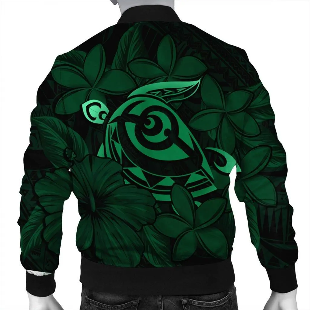 Hawaiian Turtle Hibiscus Plumeria Kanaka Polynesian Bomber Jacket Green - Soft Style - AH