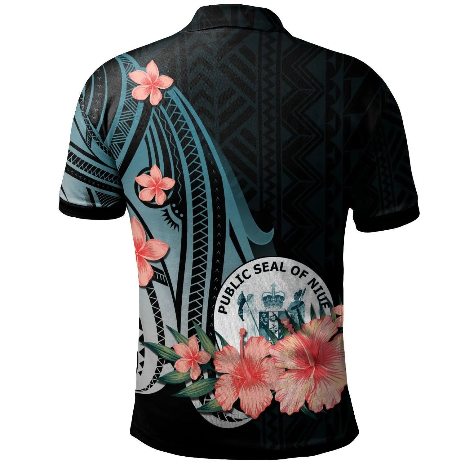 Niue Polo Shirt - Turquoise Polynesian Hibiscus Pattern Style