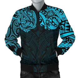 New Zealand Mens Bomber Jacket, Maori Polynesian Tattoo Blue