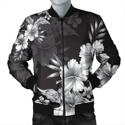 Hawaiian Hibiscus Black And White Polynesian Bomber Jacket - AH