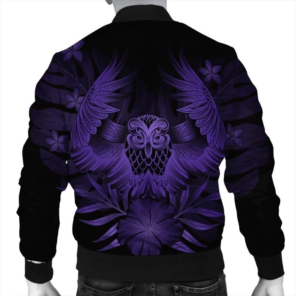Hawaiian Owl Hibiscus Plumeria Polynesian Bomber Jacket - Purple