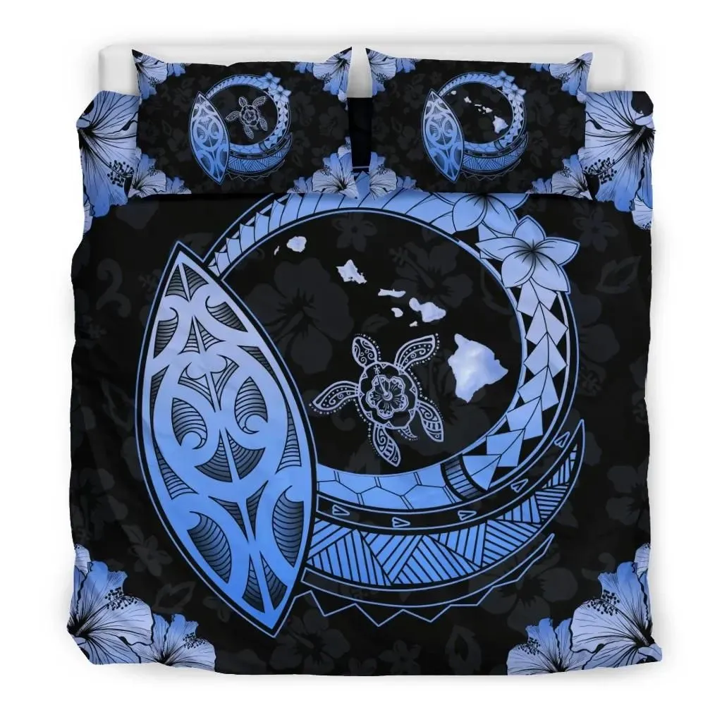 FamilyGater Home Set - Hawaiian Map Hibiscus Plumeria Turtle Polynesian Bedding Set Blue - AH J1