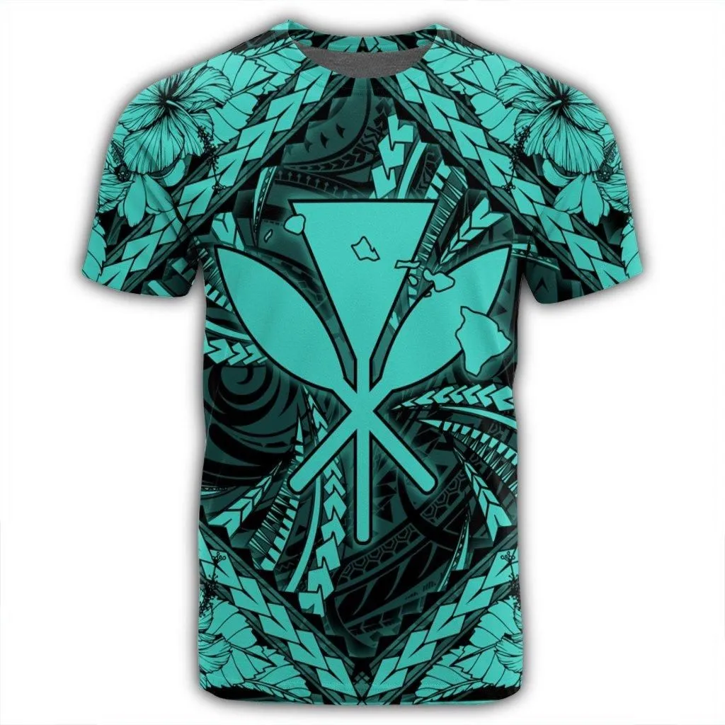 Hawaiian Map Kanaka Hibiscus Turquoise Polynesian T-Shirt - AH