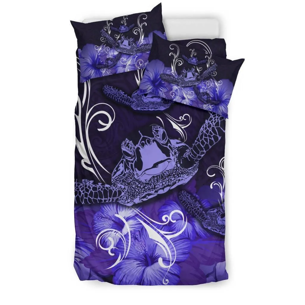 Hawaii Polynesian Turtle Waves Hibiscus Bedding Set - Erik Style - AH - Purple - J5