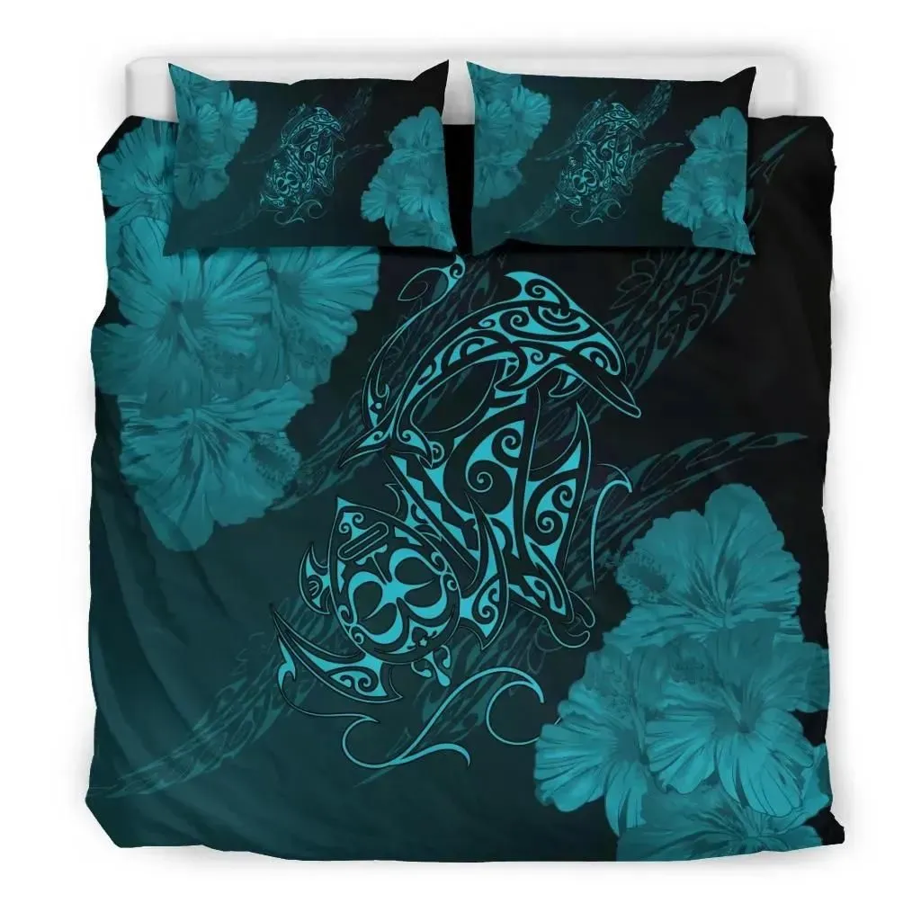 FamilyGater Home Set - Hawaiian Hibiscus Dolphin Manta Ray Turtle Polynesian Bedding Set Waves Blue - AH - J5