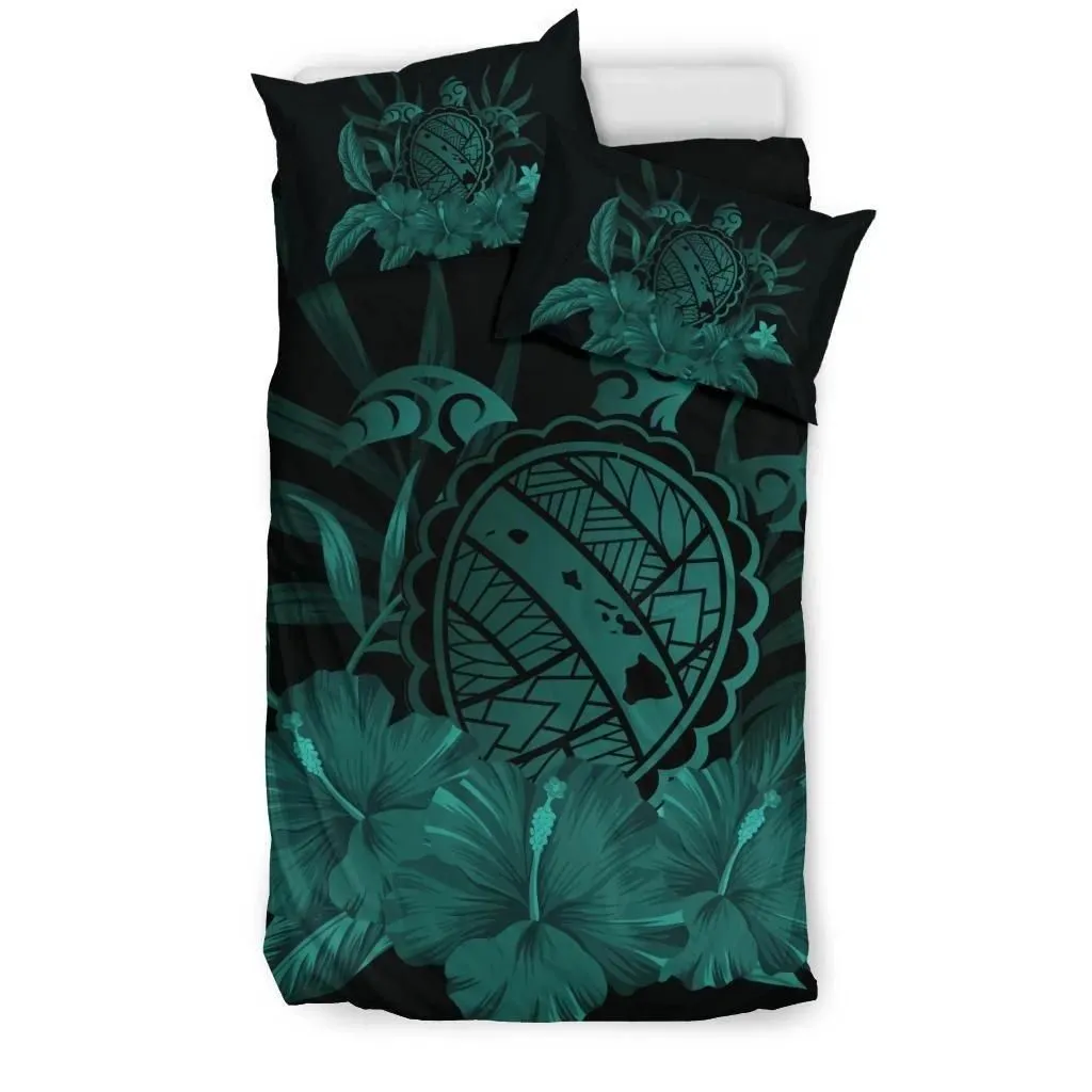 FamilyGater Bedding Set - Cover and Pillow Cases Hawaiian Map Turtle Hibiscus Polynesian - Turquoise - AH J4