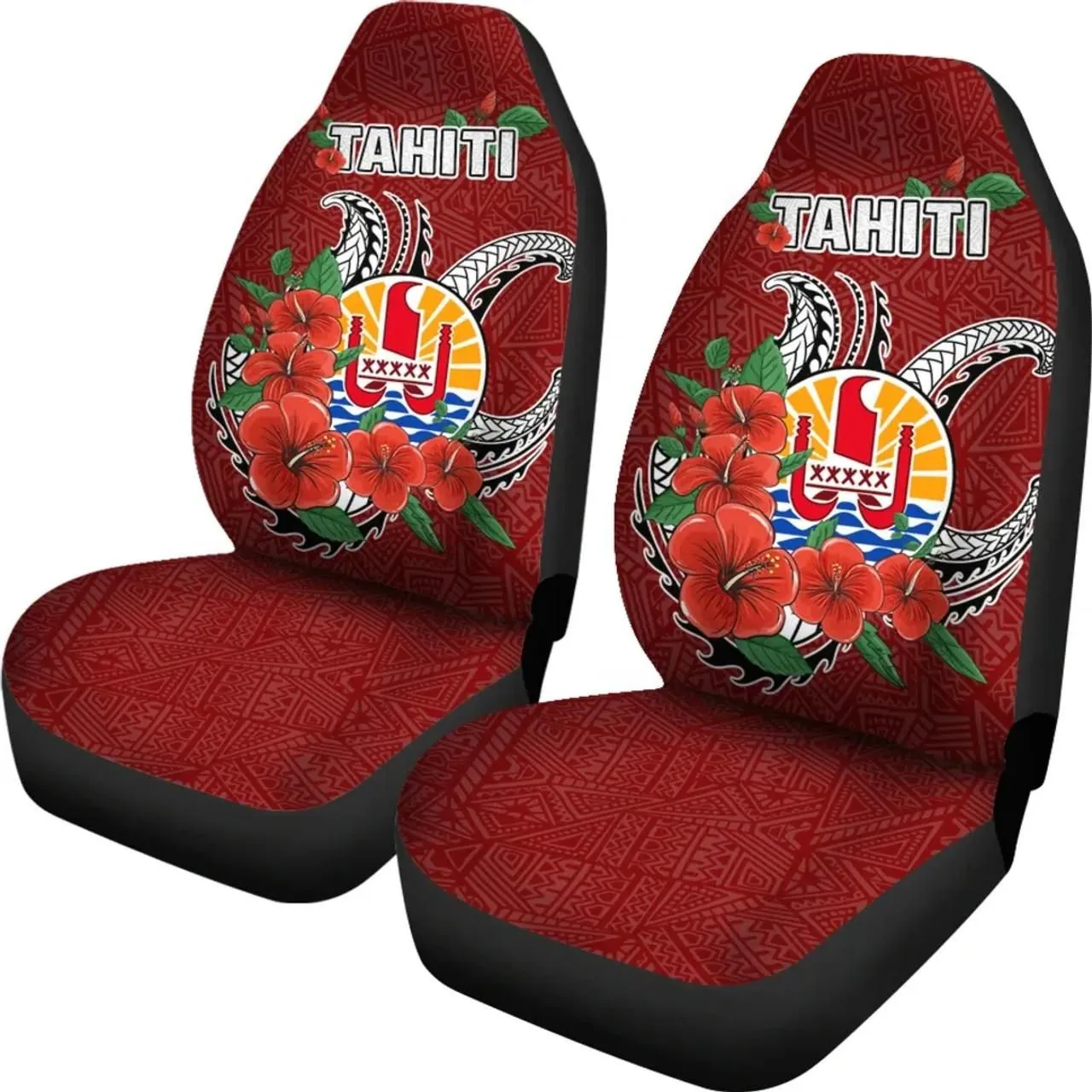 Tahiti Polynesian Car Seat Covers - Hibiscus Coat of Arm Red
