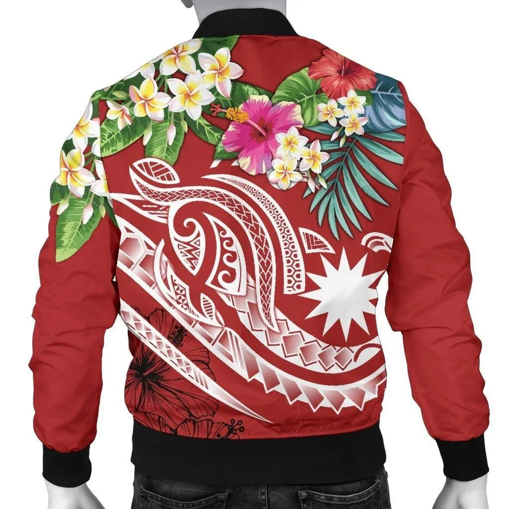 Nauru Polynesian Mens Bomber Jacket - Summer Plumeria Red