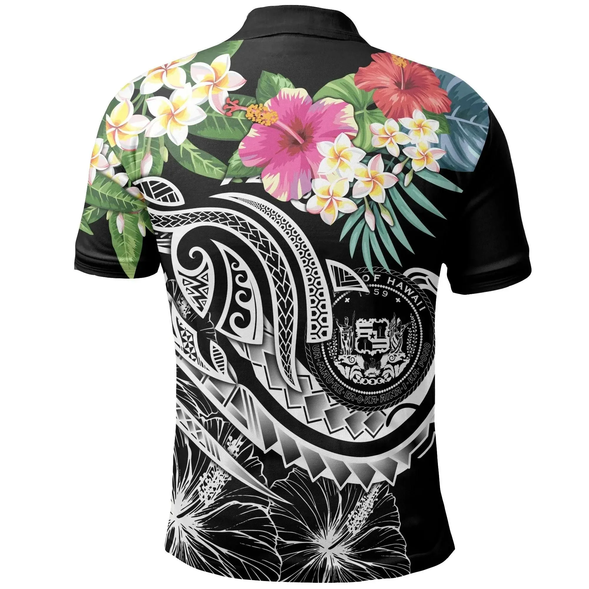 Alohawaii Shirt - Polo Shirt Polynesian Hawaii Summer Plumeria (Black) - BN15