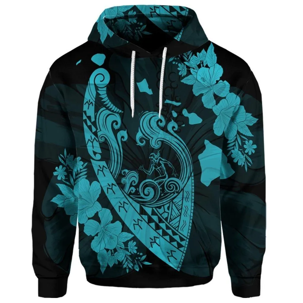 (Personalised) Hawaiian Fish Hook Hibiscus Banzai Surfing Polynesian Hoodie Blue - AH