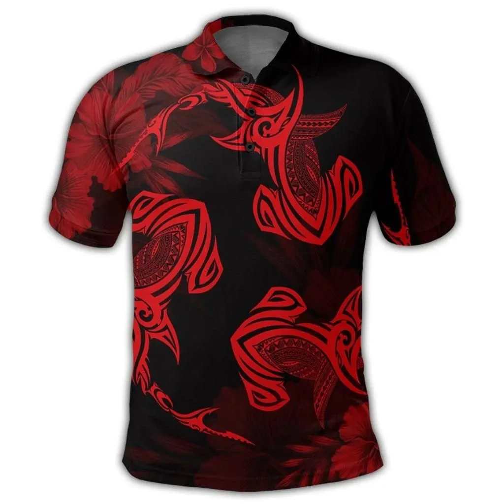 Alohawaii Shirt - Hawaiian Hammerhead Shark Hibiscus Red Polynesian Polo Shirt - AH - J4R