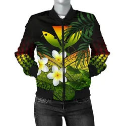 Kanaka Maoli (Hawaiian) Womens Bomber Jacket, Polynesian Plumeria Banana Leaves Reggae