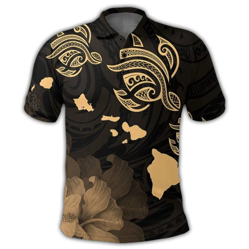 Hawaii Turtle Hibiscus Map Polynesian Polo Shirt Gold
