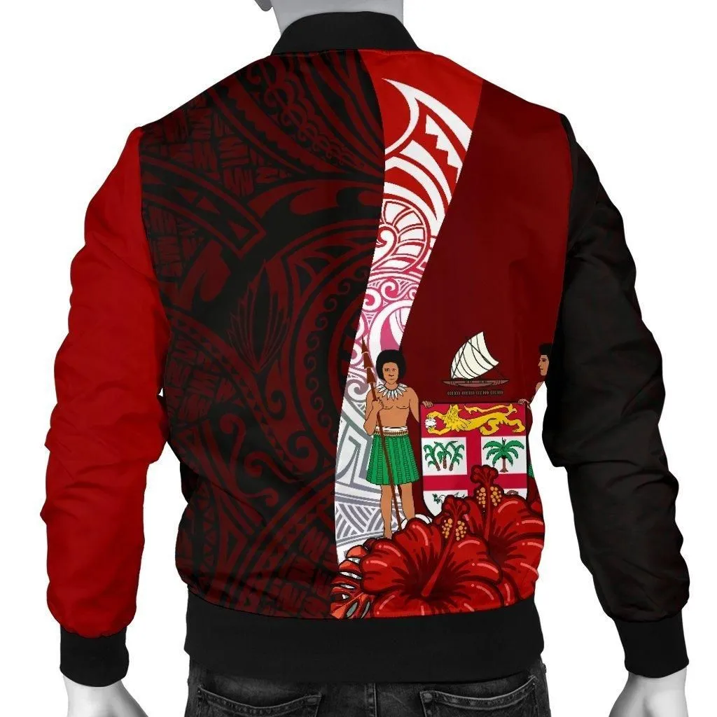 Fiji Polynesian Custom Personalised Mens Bomber Jacket - Coat Of Arm With Hibiscus