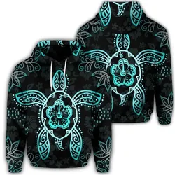 Alohawaii Hoodie - Hawaiian Turtle And Hibiscus Polynesian Hoodie Turquoise - AH - JR