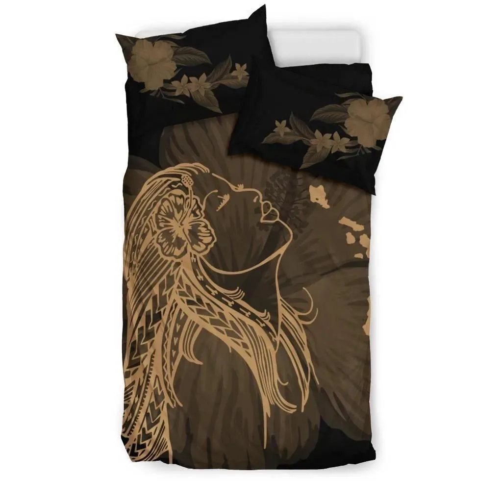 FamilyGater Bedding Set - Cover and Pillow Cases Hawaiian Map Heart Hula Girl Hibiscus Polynesian - Gold - AH J4