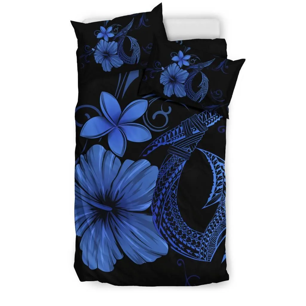 Hawaiian Fish Hook Hibiscus Plumeria Polynesian Bedding Set - Blue