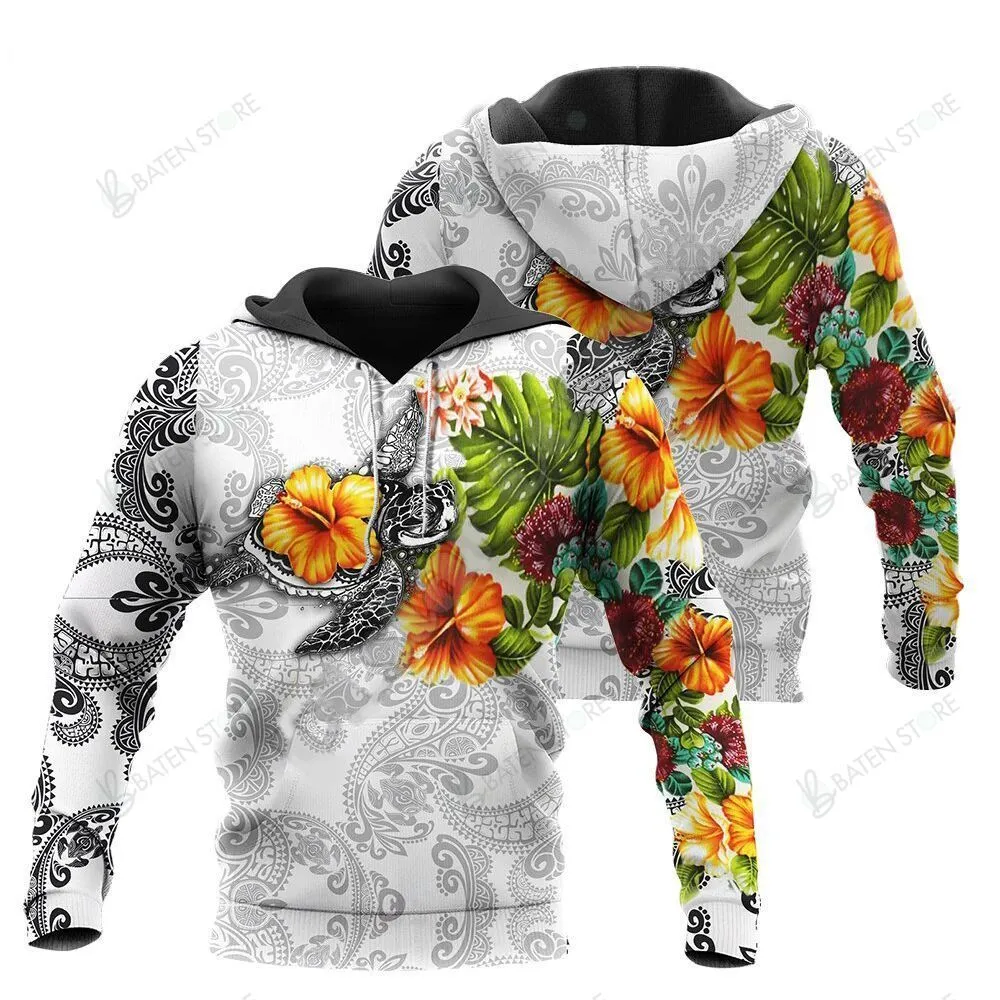 Turtle Polynesian Pattern Yellow Hibiscus Flowers 3D Hoodie