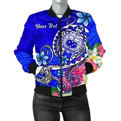 Samoa Custom Personalised Women's Bomber Jacket - Turtle Plumeria (Blue) - BN18