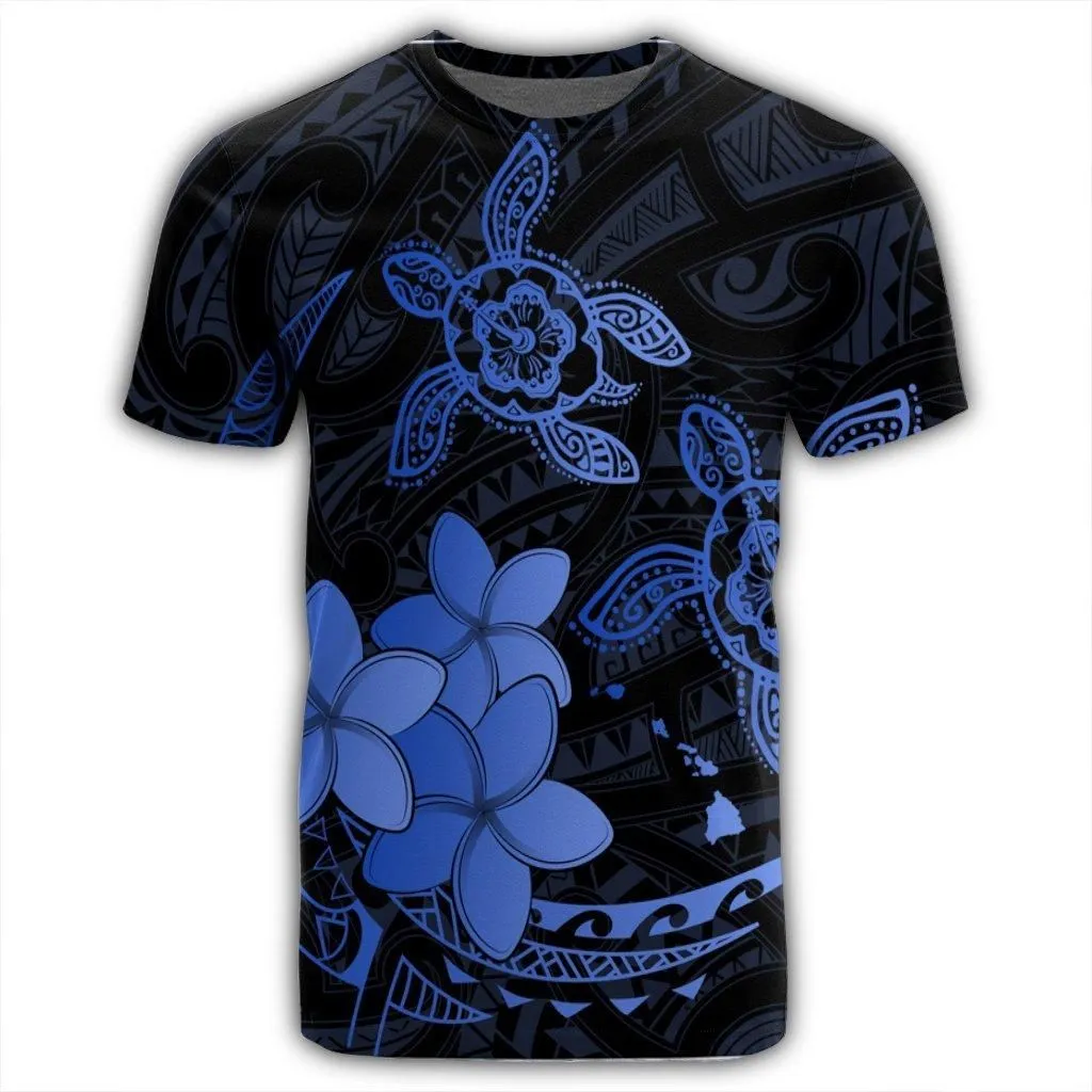 Hawaii Polynesian Turtle Plumeria T-Shirt - Pog Style Blue - AH